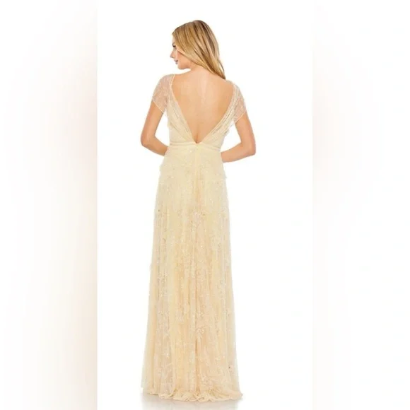 NWT MacDuggal 70274 Plunging Back Floral Sequin Dress Buttercup Yellow 16 $598